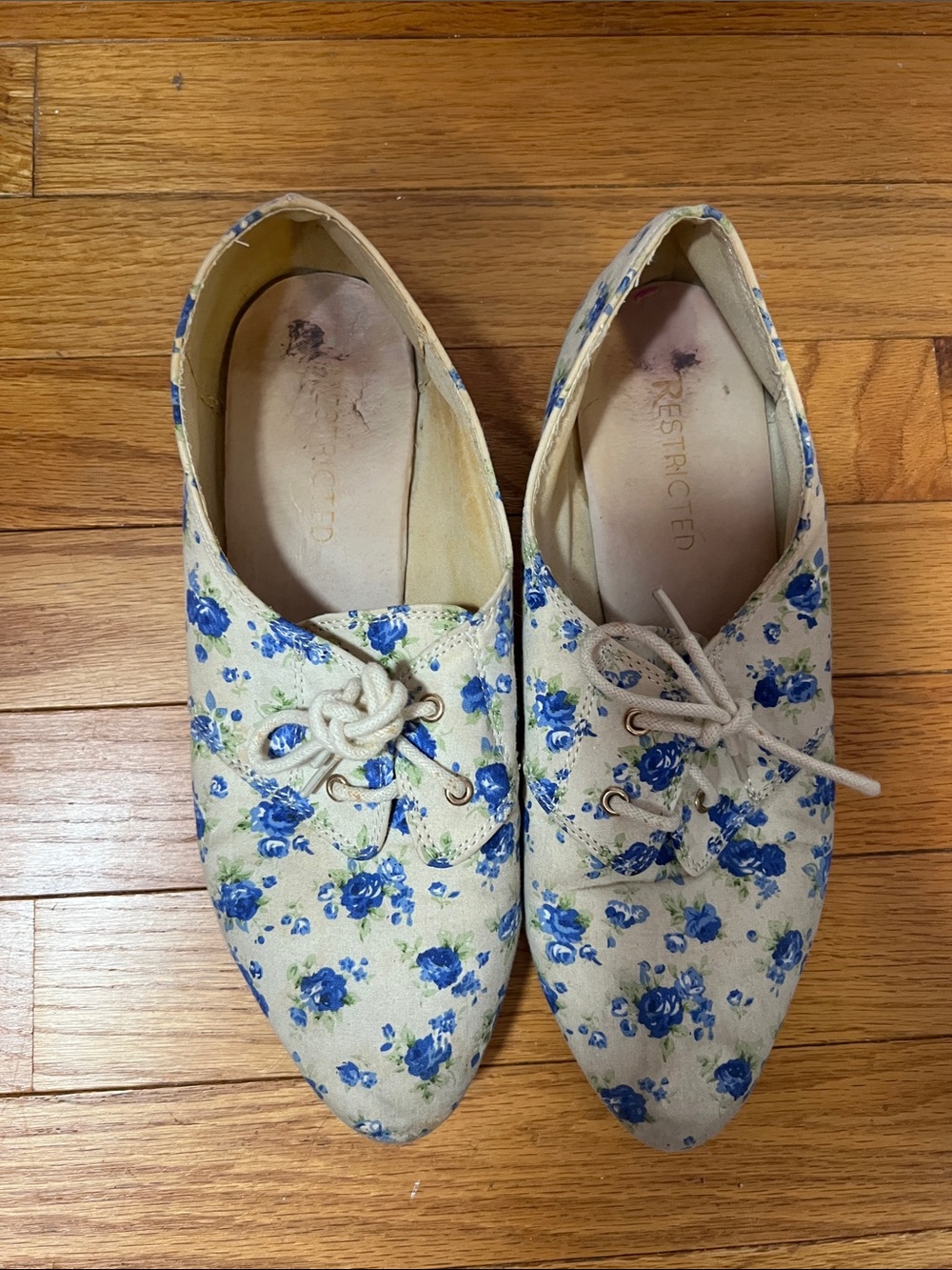 Restricted Floral Lace-Up Flats in Cream and Blue